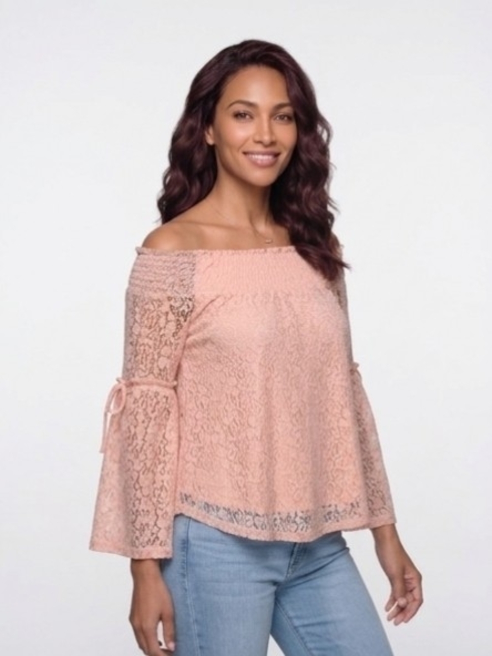 Speechless Peachy Blush Lace Overlay Off-Shoulder Bell Sleeve Top Misses Medium